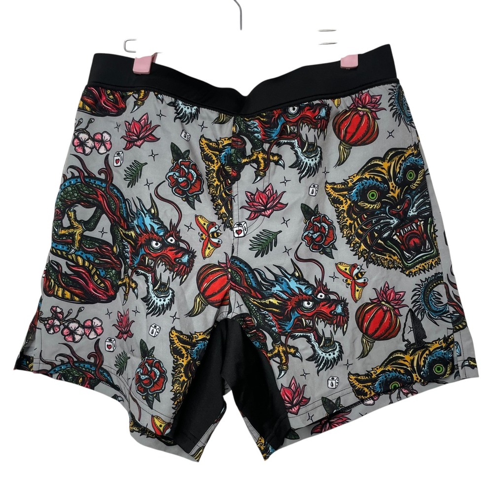 TacHuntFish Mens Large Traditional Tattoo Print Athletic Training Shorts Grey
